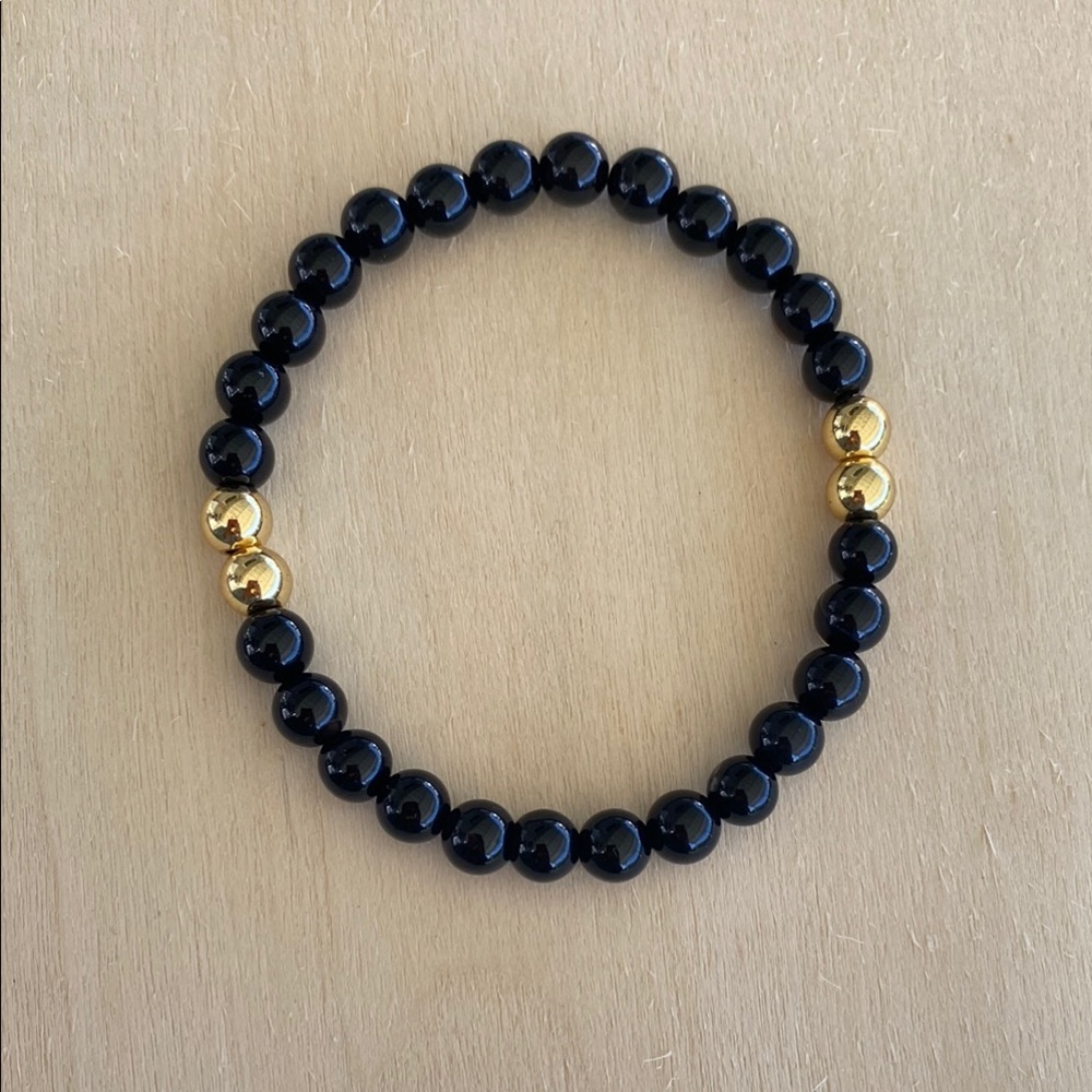 Elegant Natural Black Obsidian and Gold Beaded Bracelet